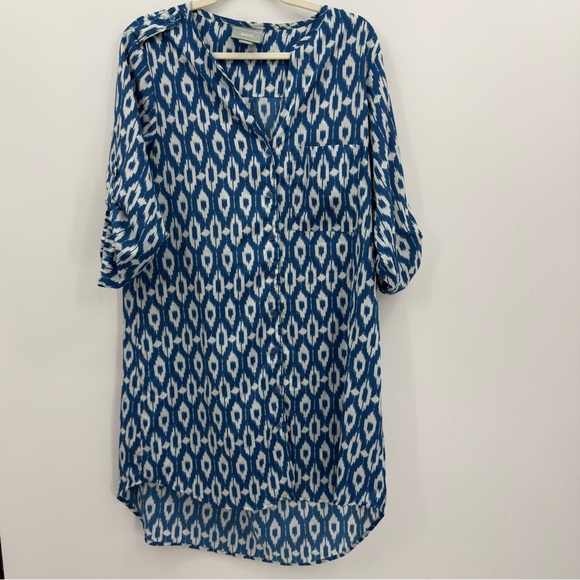 Anthropologie Dresses & Skirts - Anthropologie Maeve Mini Shirt Dress Button Down Tunic Ikat Pattern Blue White